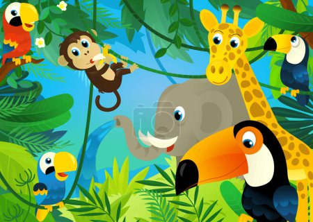 Foto de Escena de dibujos animados con la selva y los animales que están juntos con ilustración de aves de tucán para niños - Imagen libre de derechos