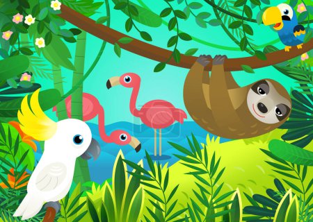 Téléchargez les photos : Scène de dessin animé avec jungle et animaux étant ensemble avec illustration de perroquet pour les enfants - en image libre de droit