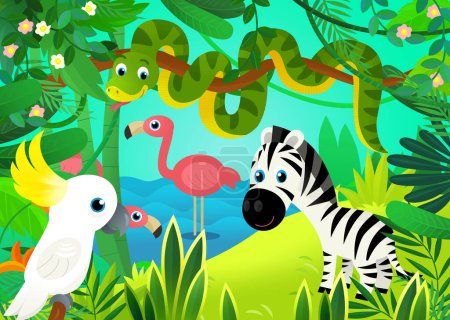 Foto de Escena de dibujos animados con la selva y los animales que están juntos con la ilustración del loro para los niños - Imagen libre de derechos