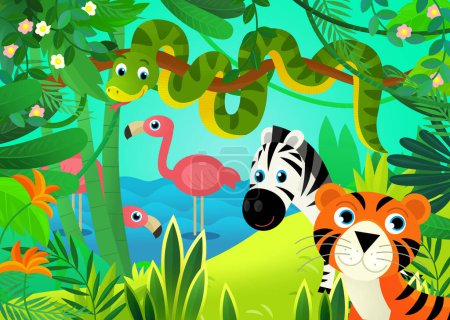 Foto de Escena de dibujos animados con la selva y los animales que están juntos con ilustración de tigre para los niños - Imagen libre de derechos
