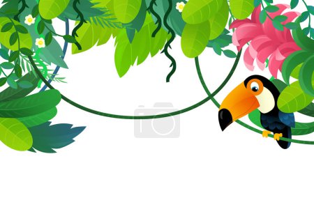 Téléchargez les photos : Scène de dessin animé avec jungle et animaux étant ensemble comme illustration de cadre pour les enfants - en image libre de droit