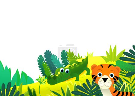 Téléchargez les photos : Scène de dessin animé avec jungle et animaux étant ensemble comme illustration de cadre pour les enfants - en image libre de droit