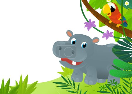 Téléchargez les photos : Scène de dessin animé avec jungle et des animaux comme hippopotame étant ensemble comme illustration de cadre pour les enfants - en image libre de droit
