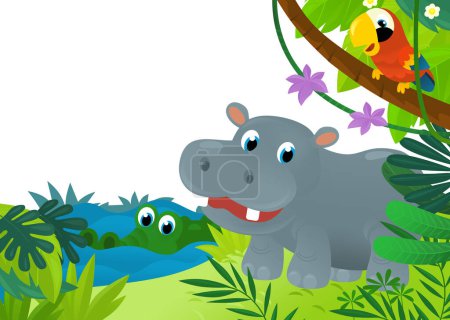 Téléchargez les photos : Scène de dessin animé avec jungle et des animaux comme hippopotame étant ensemble comme illustration de cadre pour les enfants - en image libre de droit