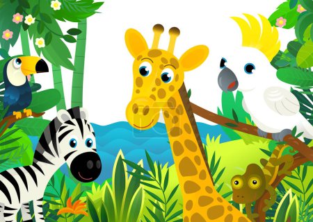 Téléchargez les photos : Scène de dessin animé avec jungle et animaux et perroquet oiseau être ensemble comme illustration de cadre pour les enfants - en image libre de droit