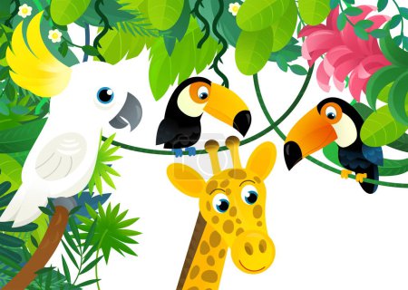 Foto de Escena de dibujos animados con la selva y los animales y el pájaro loro estar juntos como ilustración de marco para los niños - Imagen libre de derechos