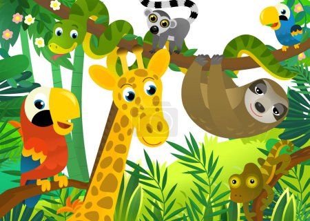Foto de Escena de dibujos animados con la selva y los animales y el pájaro loro estar juntos como ilustración de marco para los niños - Imagen libre de derechos