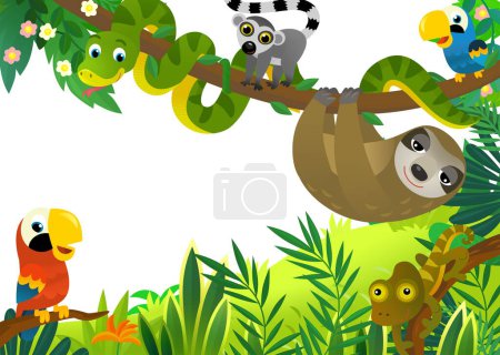 Téléchargez les photos : Scène de dessin animé avec jungle et animaux et perroquet oiseau être ensemble comme illustration de cadre pour les enfants - en image libre de droit