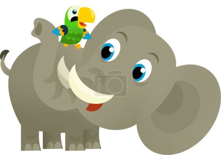 Photo for Cartoon wild animal happy young elephant and parrot on white background - illustration for the kids - Royalty Free Image