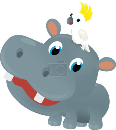 Téléchargez les photos : Scène de dessin animé avec l'hippopotame animal tropical heureux et d'autres animaux sur fond blanc illustration safari pour les enfants - en image libre de droit