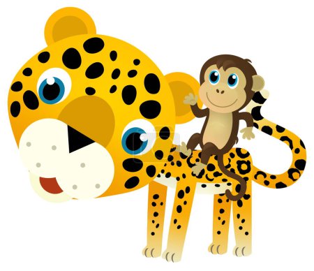Téléchargez les photos : Scène de dessin animé avec heureux animal tropical chat jaguar guépard avec d'autres animaux sur fond blanc illustration pour les enfants - en image libre de droit
