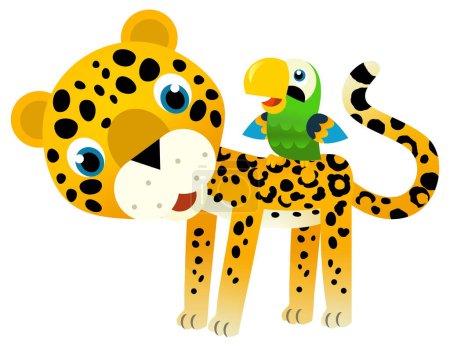 Foto de Escena de dibujos animados con feliz gato tropical jaguar guepardo con otro animal sobre fondo blanco ilustración para niños - Imagen libre de derechos