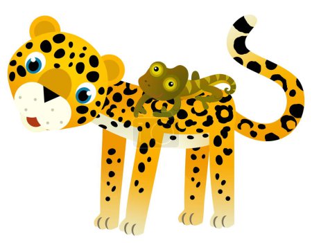 Foto de Escena de dibujos animados con feliz gato tropical jaguar guepardo con otro animal sobre fondo blanco ilustración para niños - Imagen libre de derechos