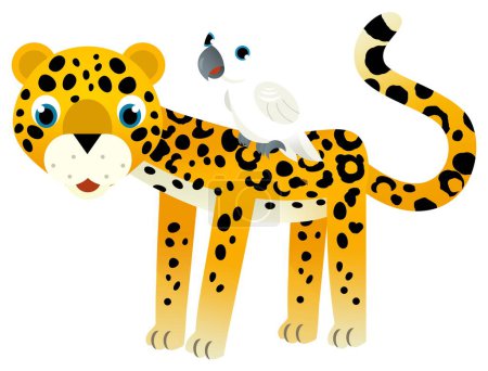 Téléchargez les photos : Scène de dessin animé avec heureux animal tropical chat jaguar guépard avec d'autres animaux sur fond blanc illustration pour les enfants - en image libre de droit