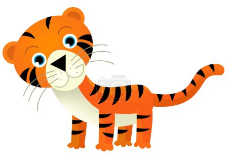 Téléchargez les photos : Scène de dessin animé avec tigre chat tropical heureux sur fond blanc illustration pour les enfants - en image libre de droit