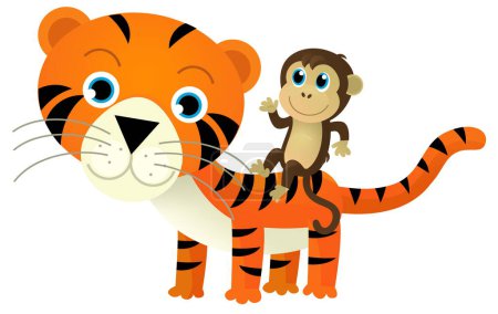 Foto de Escena de dibujos animados con tigre gato tropical feliz y otro animal sobre fondo blanco ilustración para niños - Imagen libre de derechos