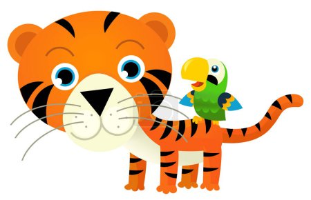 Téléchargez les photos : Scène de dessin animé avec tigre chat tropical heureux et autre animal sur fond blanc illustration pour les enfants - en image libre de droit