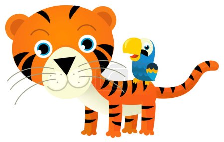 Foto de Escena de dibujos animados con tigre gato tropical feliz y otro animal sobre fondo blanco ilustración para niños - Imagen libre de derechos