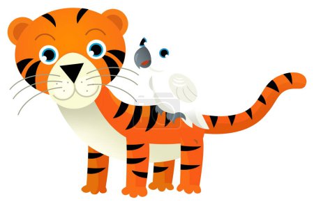 Téléchargez les photos : Scène de dessin animé avec tigre chat tropical heureux et autre animal sur fond blanc illustration pour les enfants - en image libre de droit