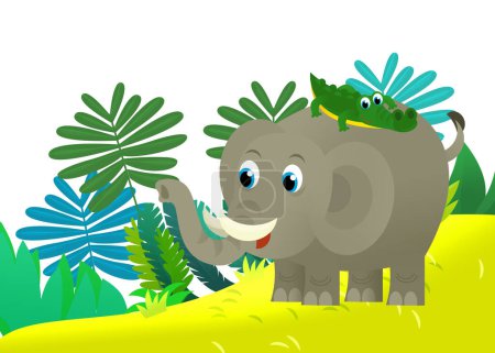 Photo for Cartoon wild animal happy young elephant with other animal friend in the jungle isolated illustration for kids - Royalty Free Image