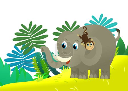 Photo for Cartoon wild animal happy young elephant with other animal friend in the jungle isolated illustration for kids - Royalty Free Image