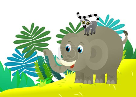 Foto de Dibujos animados animales salvajes elefante joven feliz con otro amigo animal en la selva ilustración aislada para niños - Imagen libre de derechos