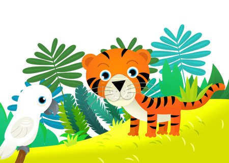 Foto de Escena de dibujos animados con tigre gato tropical feliz en la selva ilustración aislada para niños - Imagen libre de derechos