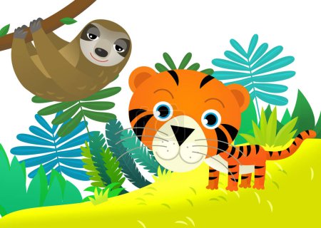 Téléchargez les photos : Scène de dessin animé avec heureux tigre chat tropical dans la jungle illustration isolée pour les enfants - en image libre de droit