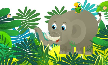 Téléchargez les photos : Dessin animé animal sauvage heureux jeune éléphant avec d'autres amis animaux dans la jungle illustration isolée pour les enfants - en image libre de droit