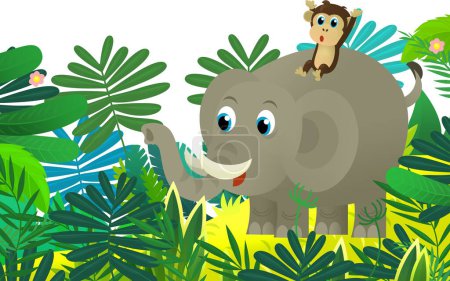 Téléchargez les photos : Dessin animé animal sauvage heureux jeune éléphant avec d'autres amis animaux dans la jungle illustration isolée pour les enfants - en image libre de droit