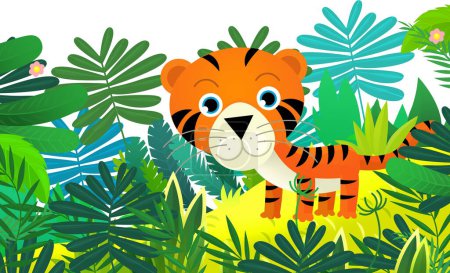 Téléchargez les photos : Scène de dessin animé avec heureux tigre chat tropical dans la jungle illustration isolée pour les enfants - en image libre de droit