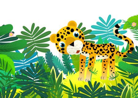 Foto de Escena de dibujos animados con feliz gato tropical jaguar guepardo en la selva ilustración aislada para niños - Imagen libre de derechos