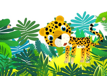 Téléchargez les photos : Scène de dessin animé avec heureux animal tropical chat jaguar guépard dans la jungle illustration isolée pour les enfants - en image libre de droit