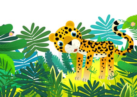 Foto de Escena de dibujos animados con feliz gato tropical jaguar guepardo en la selva ilustración aislada para niños - Imagen libre de derechos