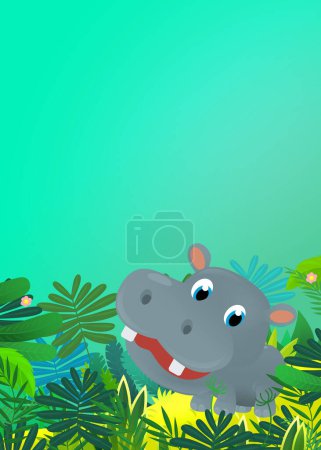 Photo for Cartoon wild animal happy young hippo  hippopotamus with other animal friend in the jungle isolated illustration for kids - Royalty Free Image