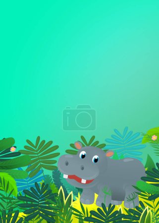 Téléchargez les photos : Dessin animé animal sauvage heureux jeune hippopotame avec d'autres amis animaux dans la jungle illustration isolée pour les enfants - en image libre de droit