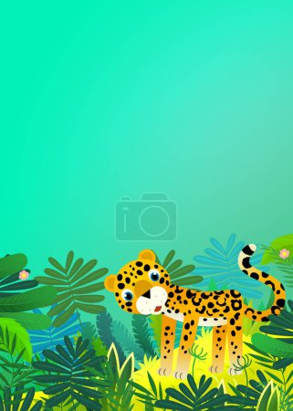 Foto de Escena de dibujos animados con feliz gato tropical jaguar guepardo en la selva ilustración para niños - Imagen libre de derechos