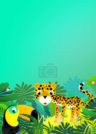 Foto de Escena de dibujos animados con feliz gato tropical jaguar guepardo en la selva ilustración para niños - Imagen libre de derechos