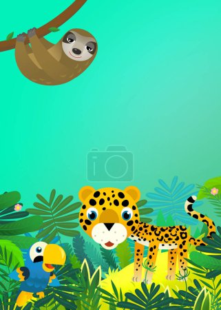 Téléchargez les photos : Scène de dessin animé avec heureux animal tropical chat jaguar guépard dans la jungle illustration pour les enfants - en image libre de droit