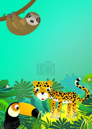 Téléchargez les photos : Scène de dessin animé avec heureux animal tropical chat jaguar guépard dans la jungle illustration pour les enfants - en image libre de droit