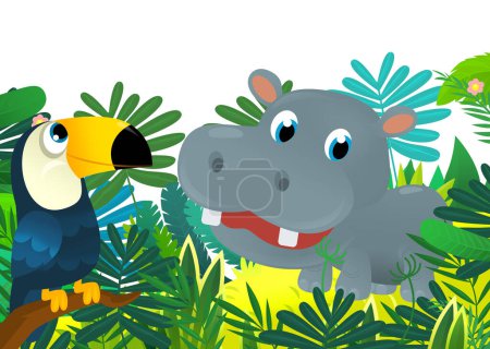Foto de Dibujos animados animal salvaje feliz joven hipopótamo hipopótamo en la selva aislado ilustración para niños - Imagen libre de derechos
