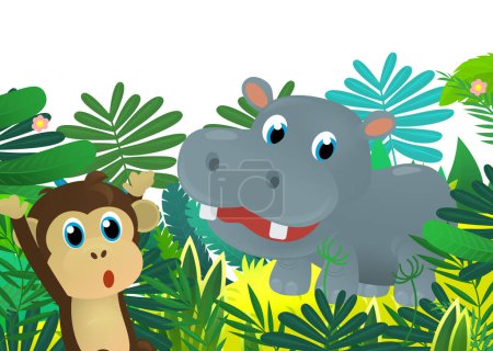 Téléchargez les photos : Dessin animé animal sauvage heureux jeune hippopotame dans la jungle illustration isolée pour les enfants - en image libre de droit