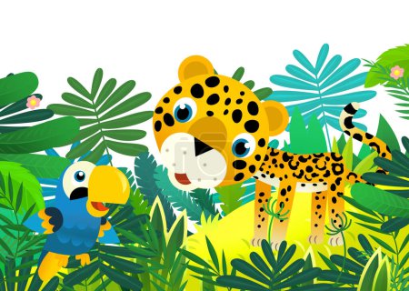 Téléchargez les photos : Scène de dessin animé avec heureux animal tropical chat jaguar guépard dans la jungle illustration isolée pour les enfants - en image libre de droit