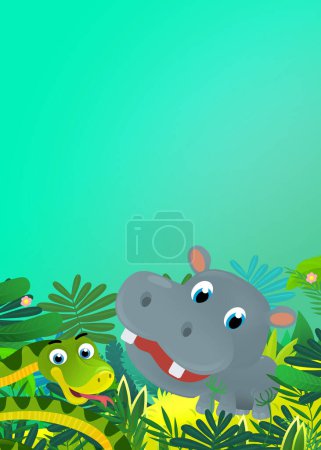 Photo for Cartoon wild animal happy young hippo  hippopotamus with other animal friend in the jungle isolated illustration for kids - Royalty Free Image