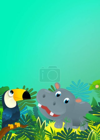 Foto de Dibujos animados animal salvaje feliz joven hipopótamo hipopótamo con otro amigo animal en la selva ilustración aislada para niños - Imagen libre de derechos