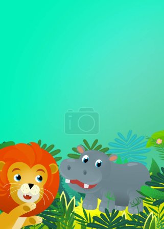 Téléchargez les photos : Dessin animé animal sauvage heureux jeune hippopotame avec d'autres amis animaux dans la jungle illustration isolée pour les enfants - en image libre de droit