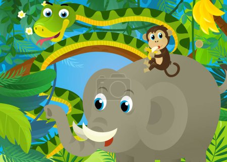 Téléchargez les photos : Scène de dessin animé avec des animaux de la jungle étant ensemble éléphant serpent et autre illustration pour les enfants - en image libre de droit