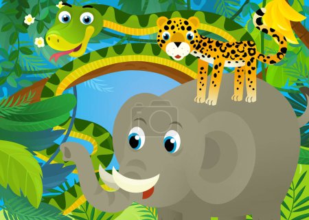 Foto de Escena de dibujos animados con animales de la selva estar juntos elefante serpiente y otra ilustración para los niños - Imagen libre de derechos
