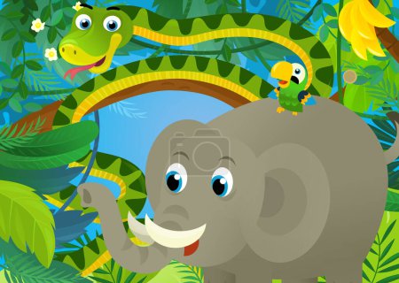Foto de Escena de dibujos animados con animales de la selva estar juntos elefante serpiente y otra ilustración para los niños - Imagen libre de derechos