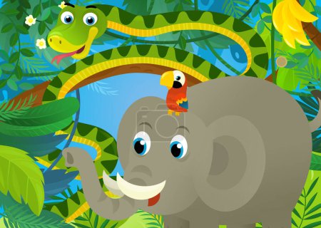 Photo for Cartoon scene with jungle animals being together snake elephant and other illustration for kids - Royalty Free Image